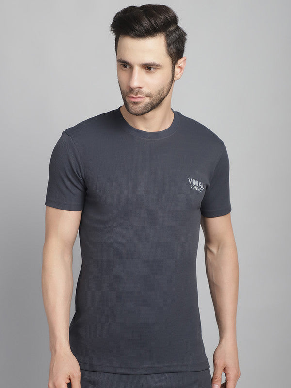 Vimal Jonney Solid Grey Round Neck Polyester Lycra Half sleeves Tshirt For Men