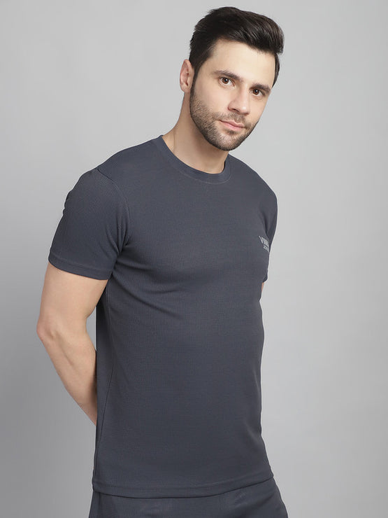 Vimal Jonney Solid Grey Round Neck Polyester Lycra Half sleeves Tshirt For Men