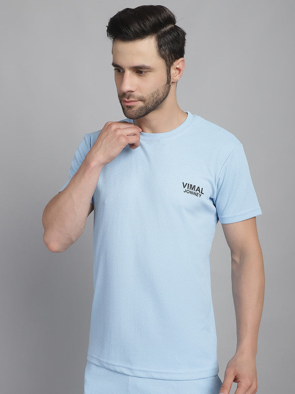 Vimal Jonney Solid Blue Round Neck Polyester Lycra Half sleeves Tshirt For Men