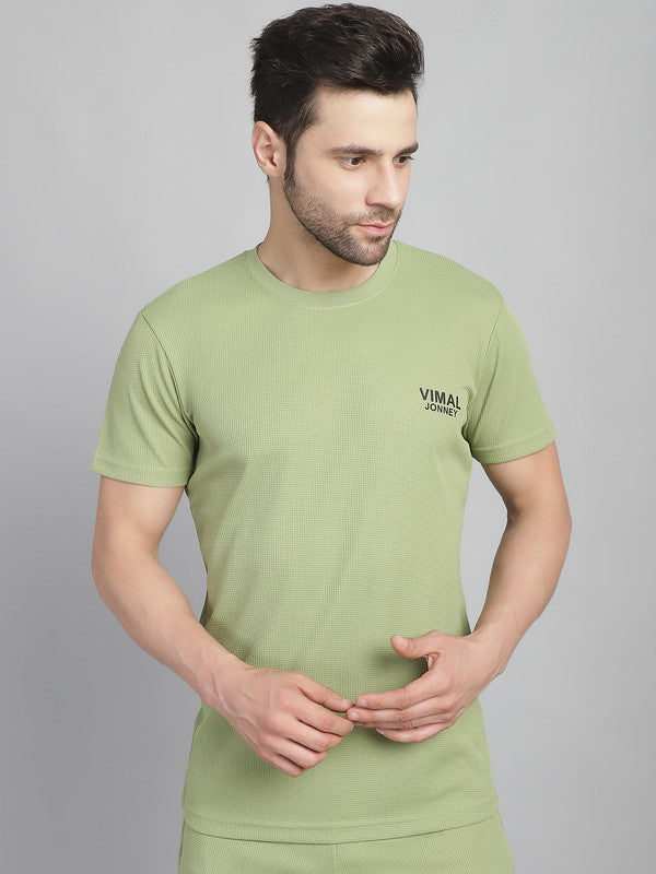 Vimal Jonney Solid Green Round Neck Polyester Lycra Half sleeves Tshirt For Men