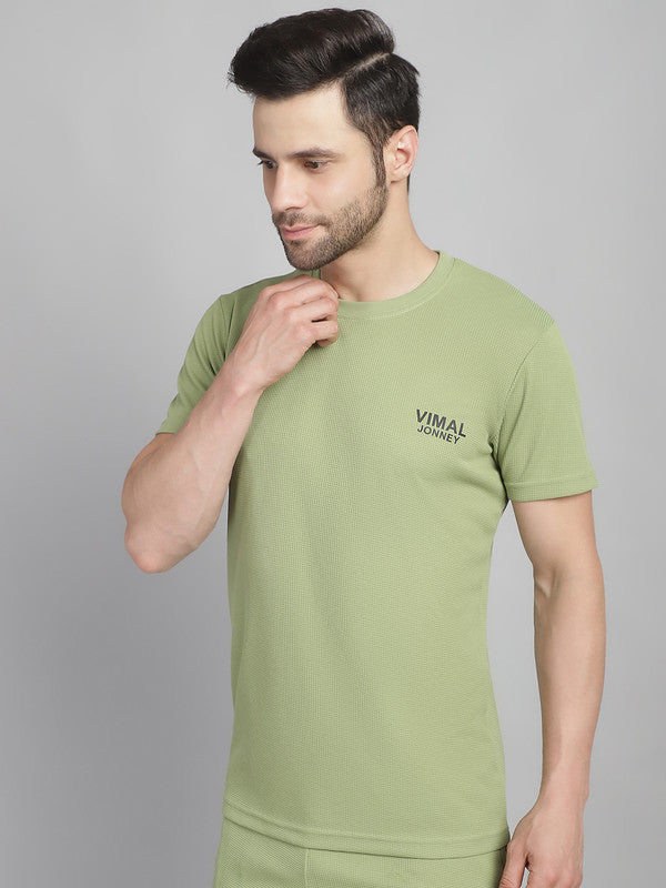 Vimal Jonney Solid Green Round Neck Polyester Lycra Half sleeves Tshirt For Men