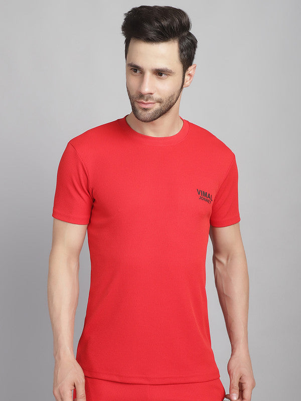 Vimal Jonney Solid Red Round Neck Polyester Lycra Half sleeves Tshirt For Men