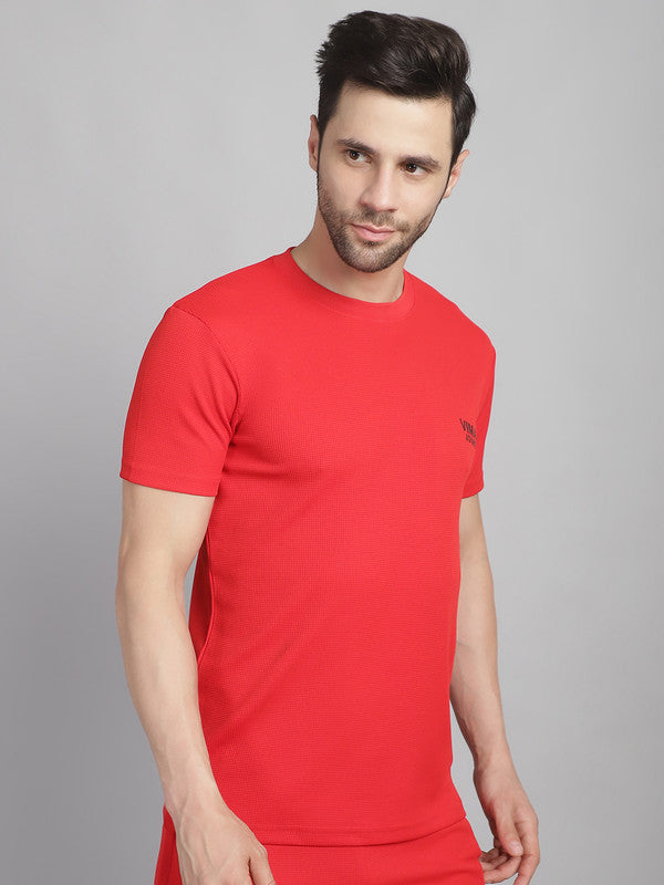 Vimal Jonney Solid Red Round Neck Polyester Lycra Half sleeves Tshirt For Men