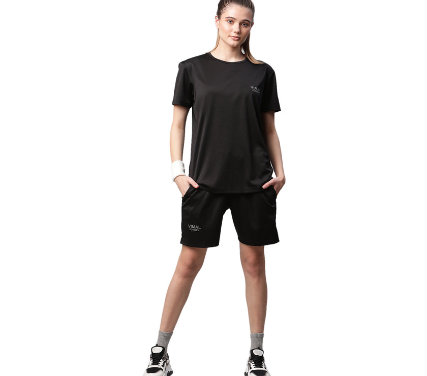 Vimal Jonney Dryfit Solid Black T-shirt for Women