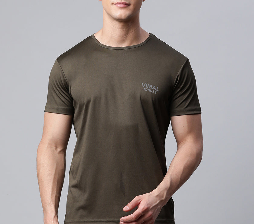 Vimal Jonney Dryfit Solid Olive T-shirt for Men
