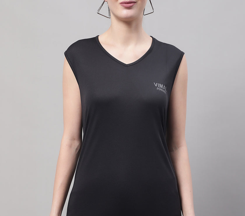 Vimal Jonney Regular Fit Dryfit Lycra Solid Black Gym Vest for Women