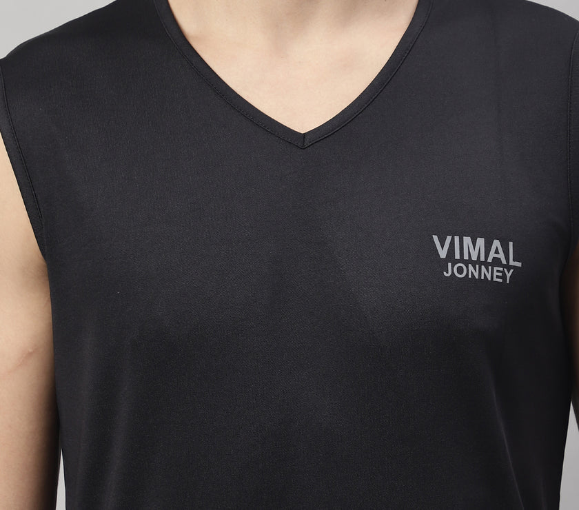 Vimal Jonney Regular Fit Dryfit Lycra Solid Black Gym Vest for Men