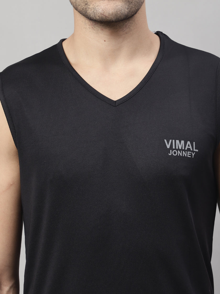 Vimal Jonney Regular Fit Dryfit Lycra Solid Black Gym Vest for Men