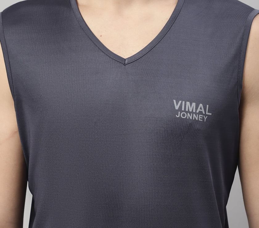 Vimal Jonney Regular Fit Dryfit Lycra Solid Dark Grey Gym Vest for Men
