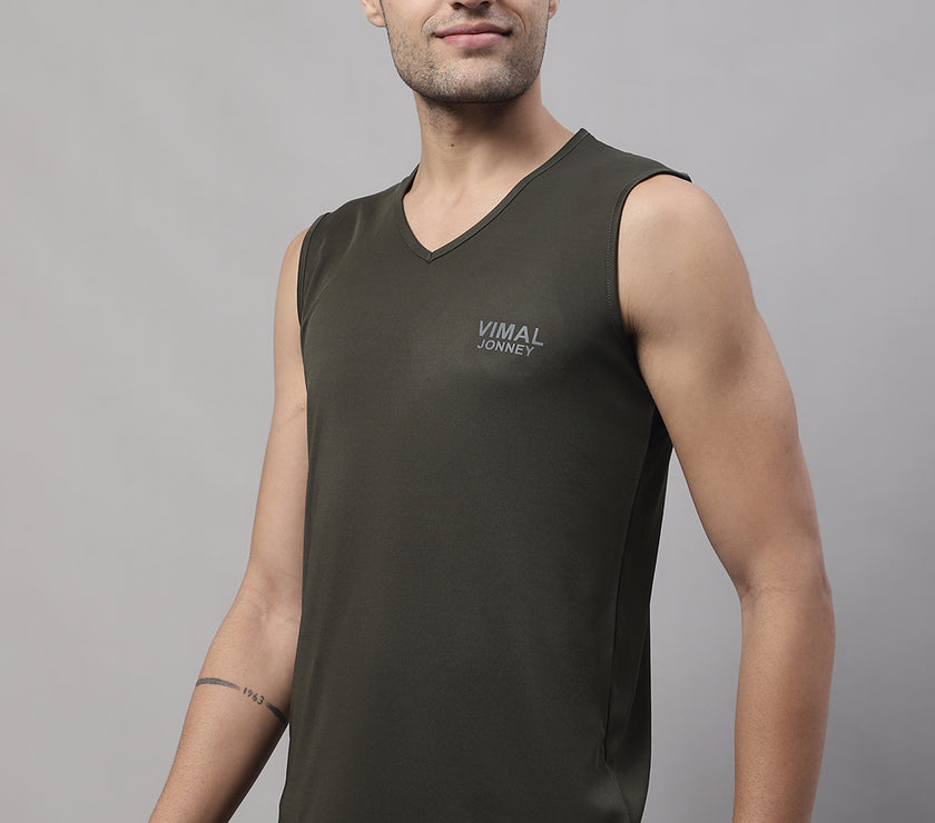 Vimal Jonney Regular Fit Dryfit Lycra Solid Olive Gym Vest for Men