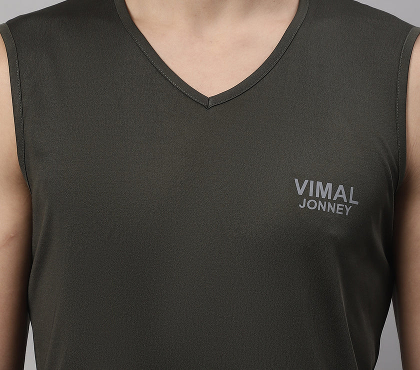 Vimal Jonney Regular Fit Dryfit Lycra Solid Olive Gym Vest for Men