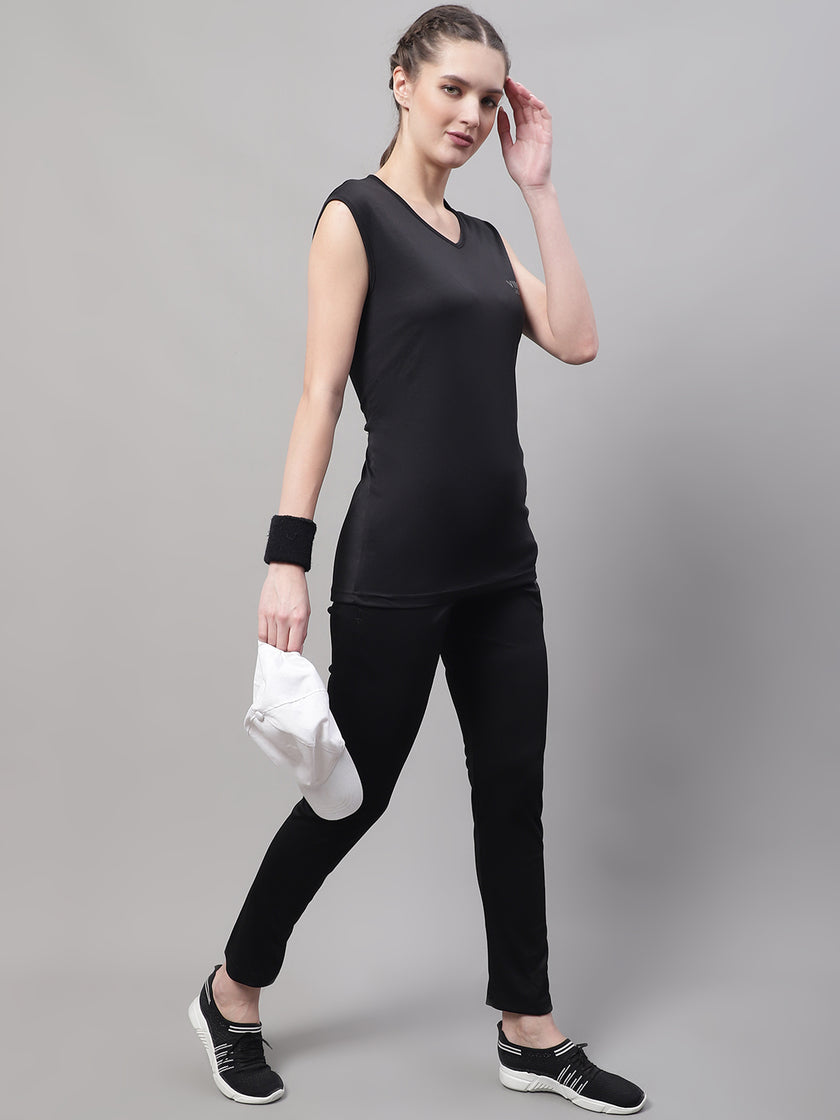 Vimal Jonney Black Dryfit Lycra Solid Co-ord Set Tracksuit For Women