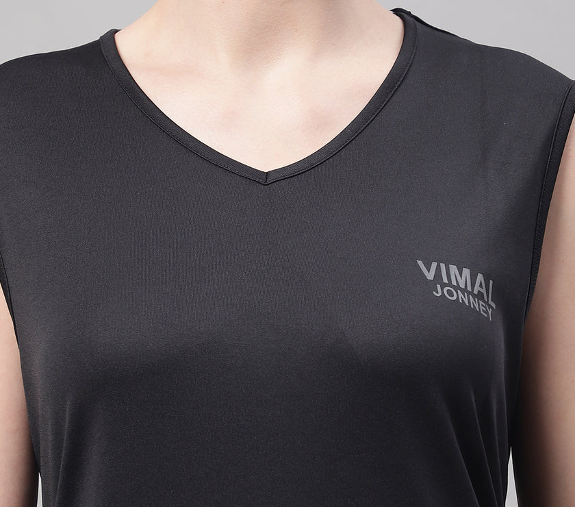 Vimal Jonney Black Dryfit Lycra Solid Co-ord Set Tracksuit For Women
