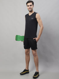 Vimal Jonney Black Dryfit Lycra Solid Co-ord Set Tracksuit For Men(Zip On 1 Side Pocket)
