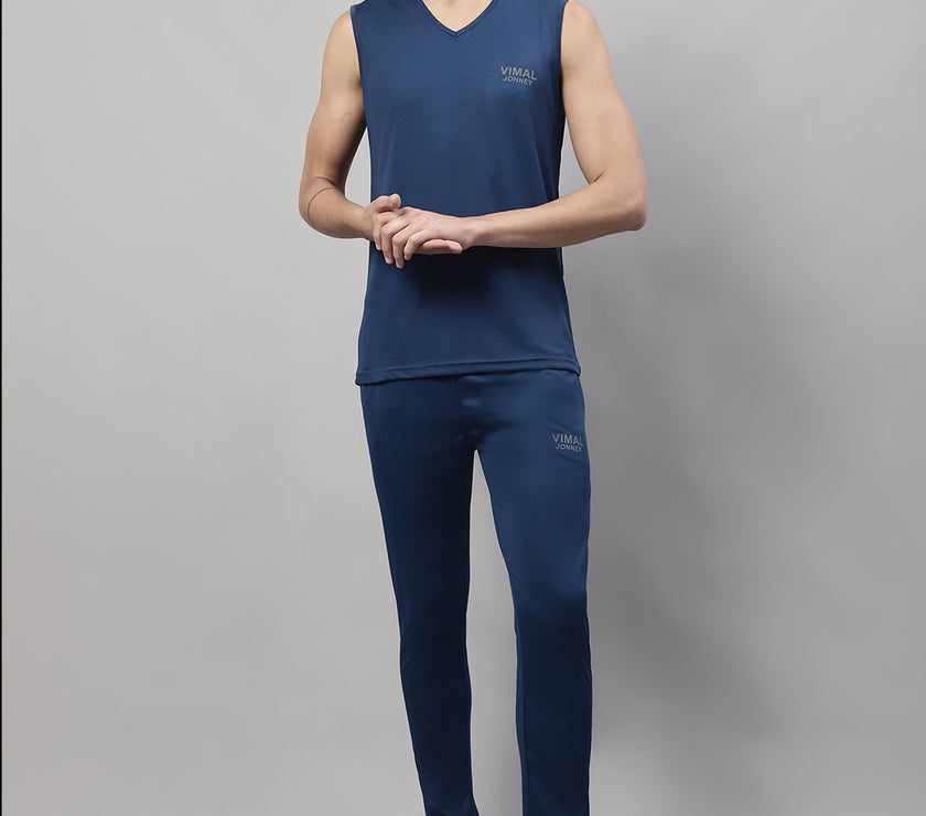 Vimal Jonney Blue Dryfit Lycra Solid Co-ord Set Tracksuit For Men(Zip On 1 Side Pocket)