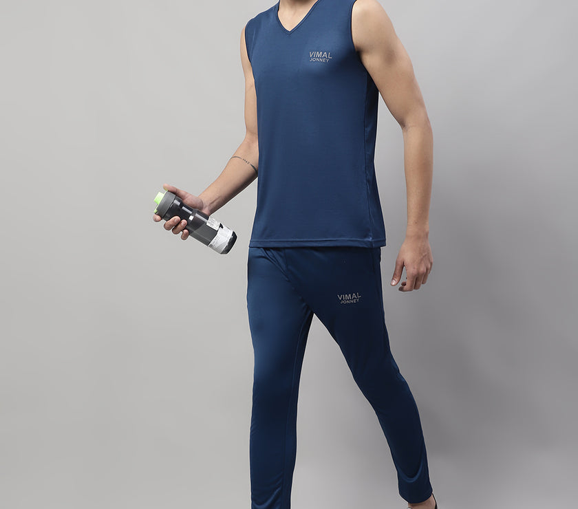 Vimal Jonney Blue Dryfit Lycra Solid Co-ord Set Tracksuit For Men(Zip On 1 Side Pocket)