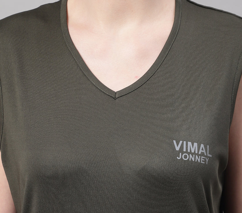 Vimal Jonney Olive Dryfit Lycra Solid Co-ord Set Tracksuit For Women