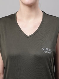 Vimal Jonney Olive Dryfit Lycra Solid Co-ord Set Tracksuit For Women