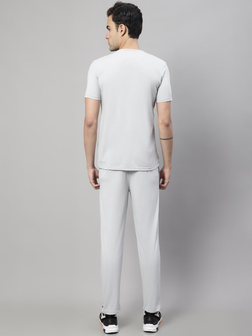 Vimal Jonney Light Grey Cotton Solid Co-ord Set Tracksuit For Men(Zip Of 1 Side Pocket)