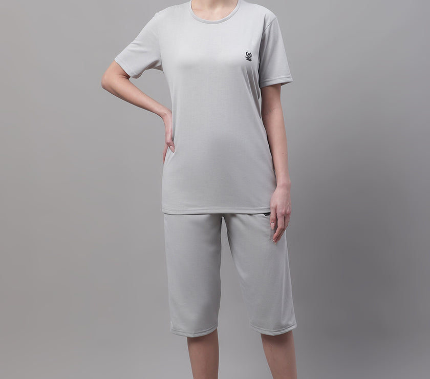 Vimal Jonney Light Grey Cotton Solid Co-ord Set Tracksuit For Women