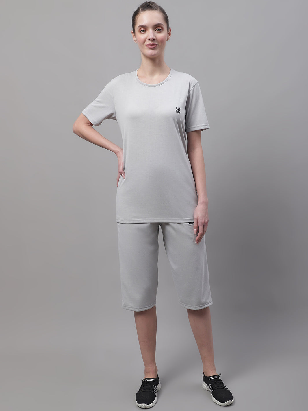 Vimal Jonney Light Grey Cotton Solid Co-ord Set Tracksuit For Women