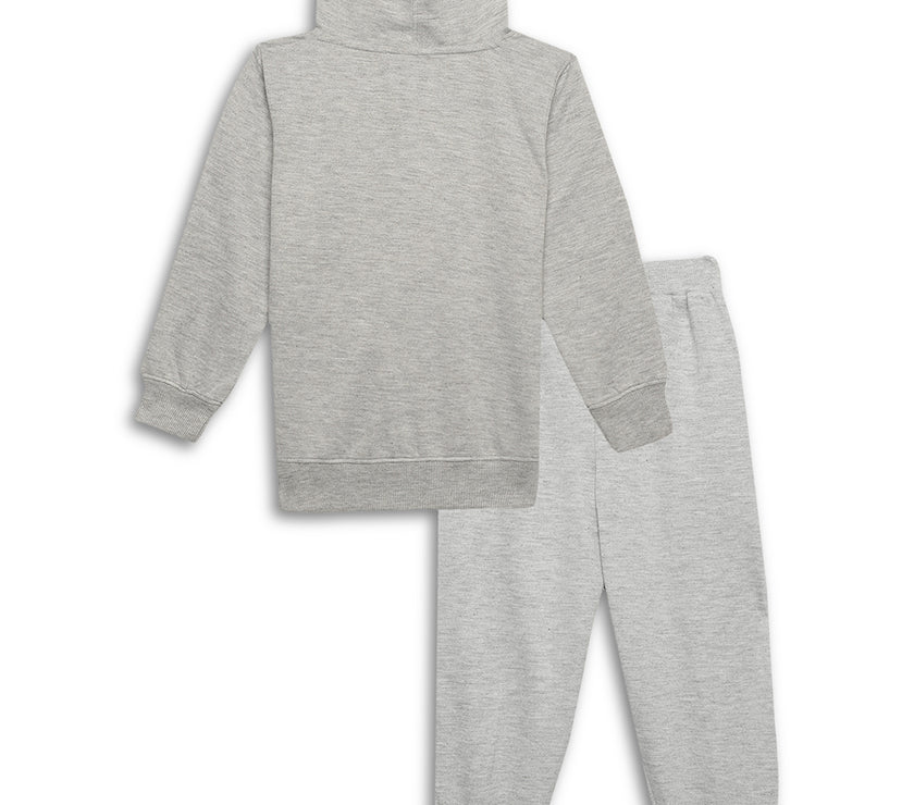 Vimal Jonney Grey Melange Printed Hooded Cotton Fleece Tracksuit Co-ord Set for Kids