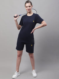 Vimal Jonney Navy Blue Cotton Solid Co-ord Set Tracksuit For Women