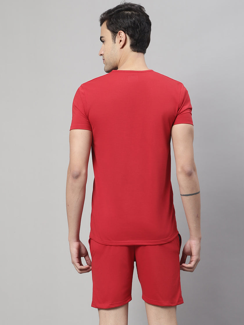 Vimal Jonney Red Cotton Solid Co-ord Set Tracksuit For Men(Zip Of 1 Side Pocket)