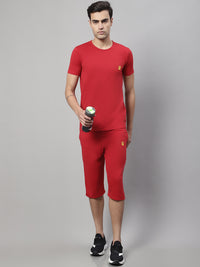 Vimal Jonney Red Cotton Solid Co-ord Set Tracksuit For Men(Zip Of 1 Side Pocket)