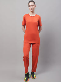 Vimal Jonney Rust Cotton Solid Co-ord Set Tracksuit For Women