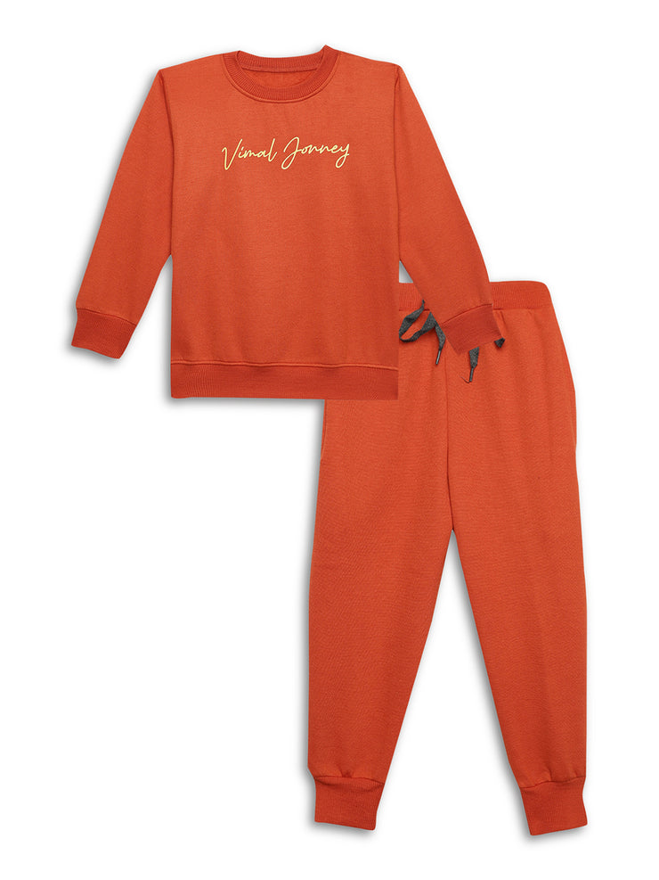 Vimal Jonney Rust Printed Round Neck Cotton Fleece Tracksuit Co-ord Set for Kids