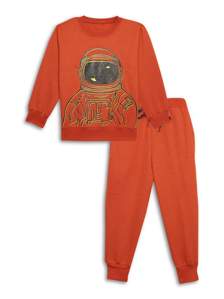 Vimal Jonney Rust Printed Round Neck Cotton Fleece Tracksuit Co-ord Set for Kids