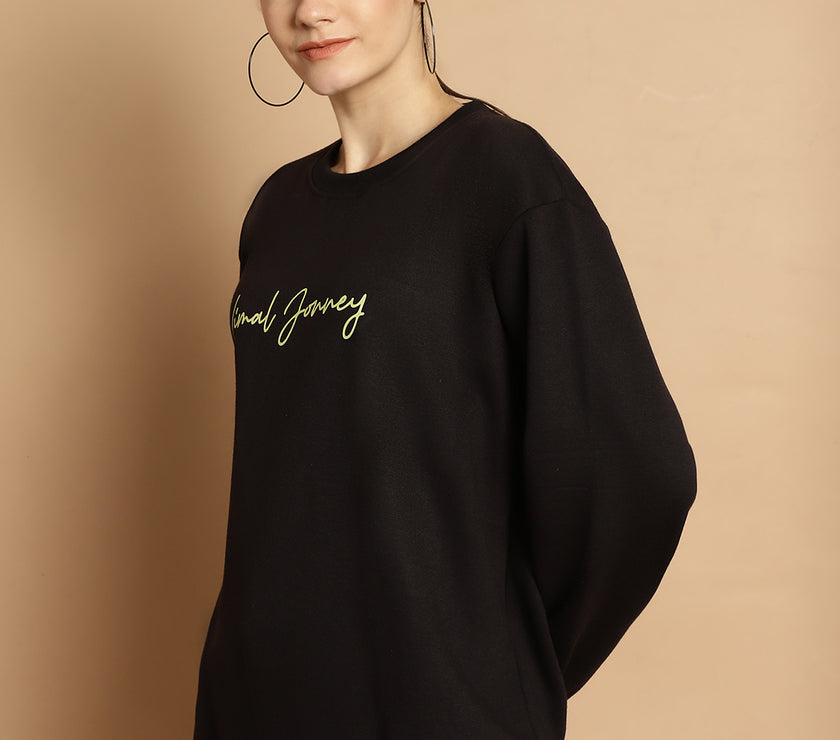 Vimal Jonney Black Printed Round Neck Cotton Fleece Sweatshirt for Women