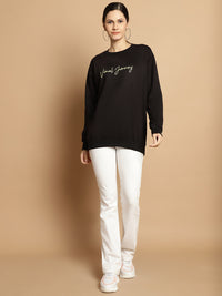 Vimal Jonney Black Printed Round Neck Cotton Fleece Sweatshirt for Women
