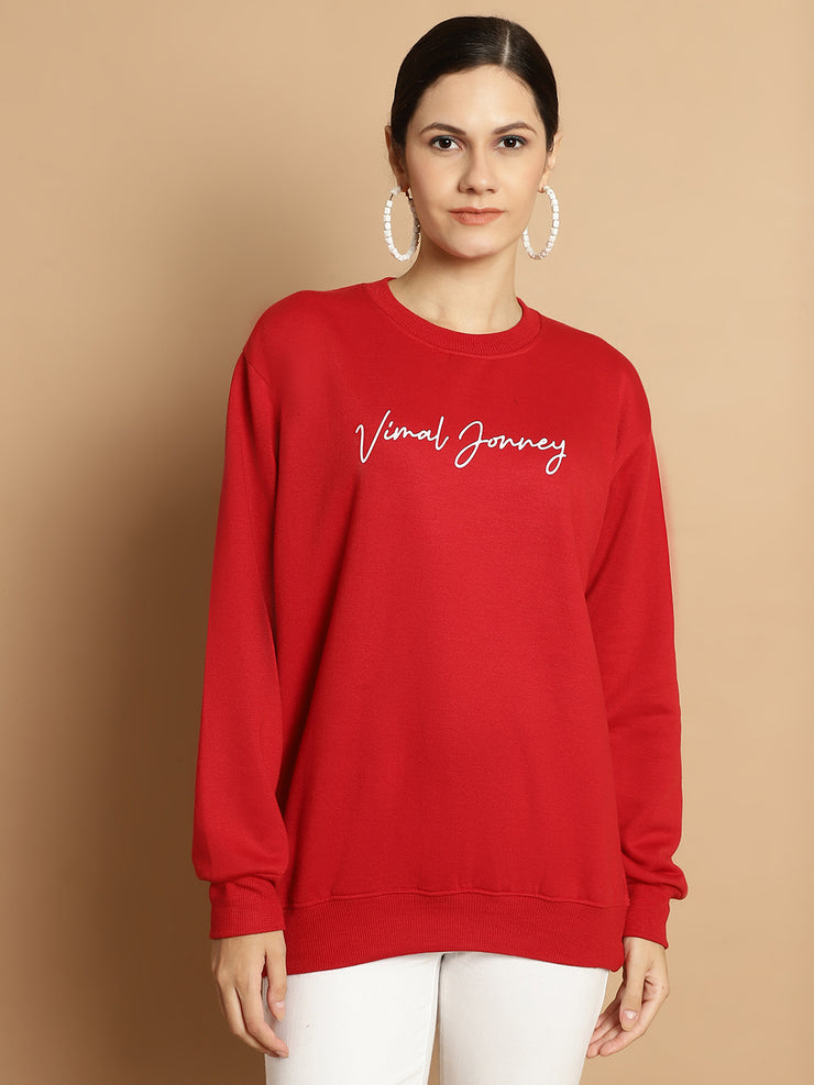 Vimal Jonney Maroon Printed Round Neck Cotton Fleece Sweatshirt for Women