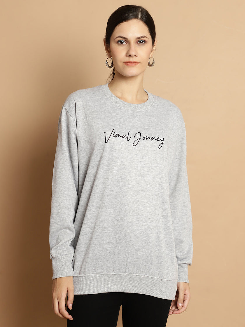 Vimal Jonney Grey Melange Printed Round Neck Cotton Fleece Sweatshirt for Women