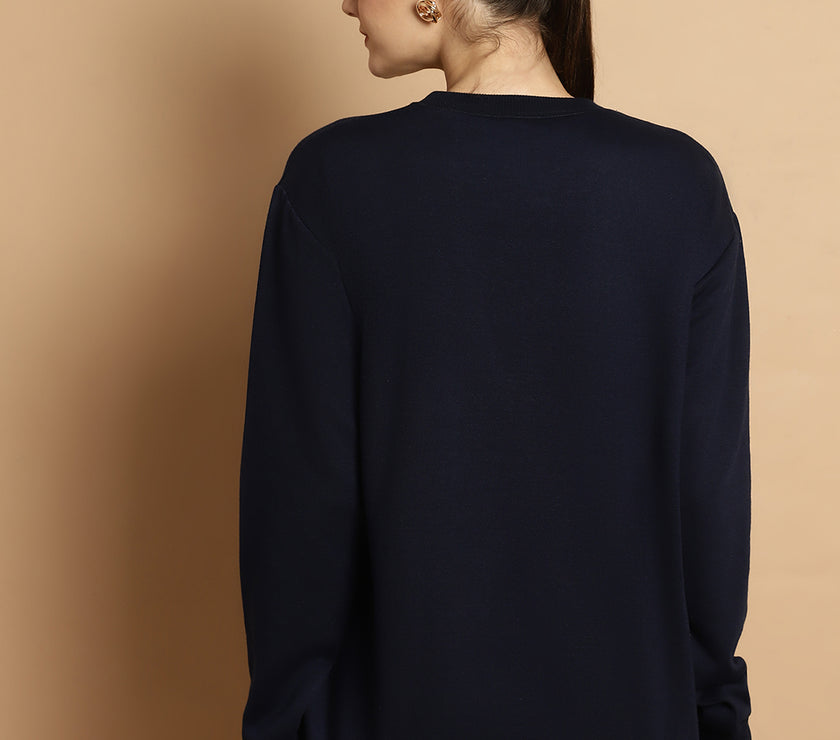 Vimal Jonney Navy Blue Printed Round Neck Cotton Fleece Sweatshirt for Women
