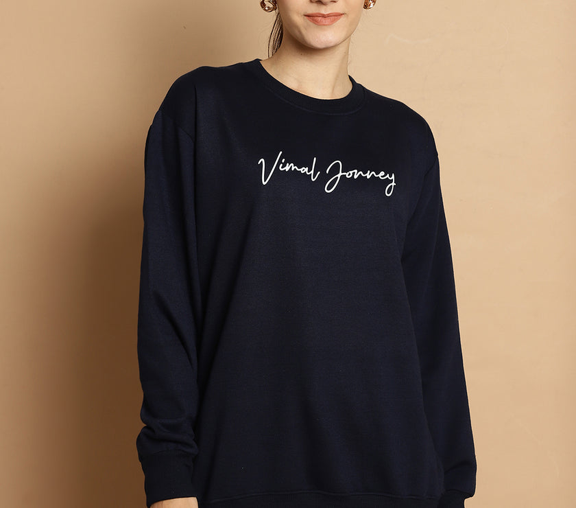 Vimal Jonney Navy Blue Printed Round Neck Cotton Fleece Sweatshirt for Women