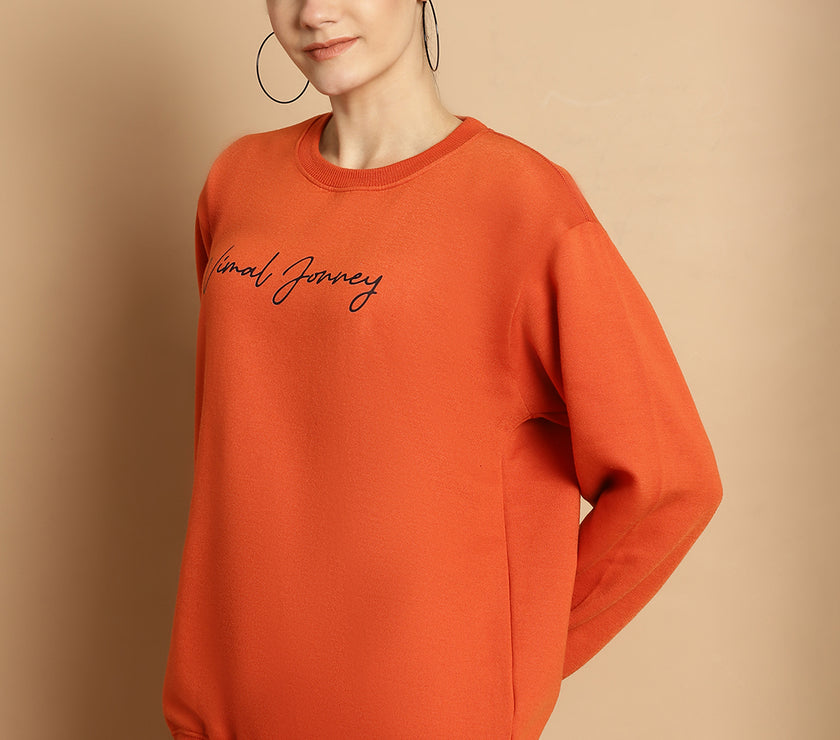 Vimal Jonney Rust Printed Round Neck Cotton Fleece Sweatshirt for Women