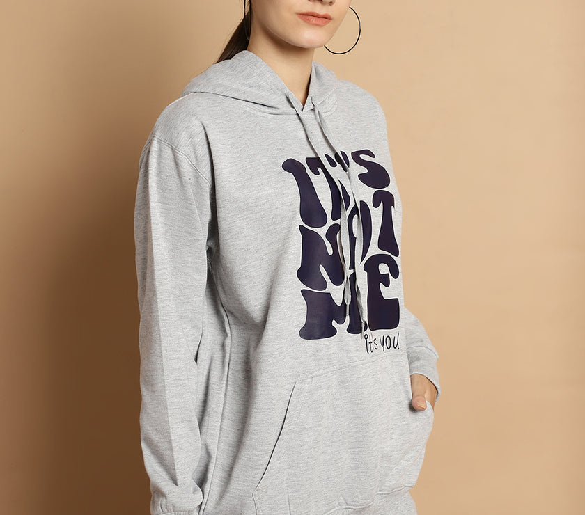 Vimal Jonney Grey Melange Printed Hooded Cotton Fleece Sweatshirt for Women
