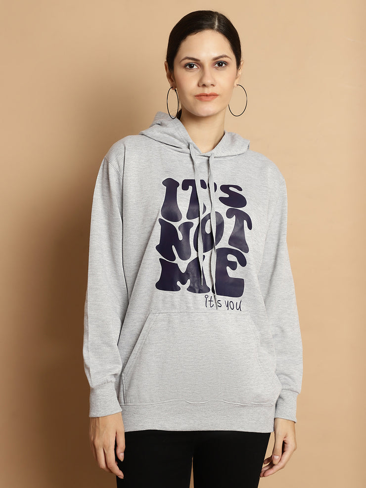Vimal Jonney Grey Melange Printed Hooded Cotton Fleece Sweatshirt for Women