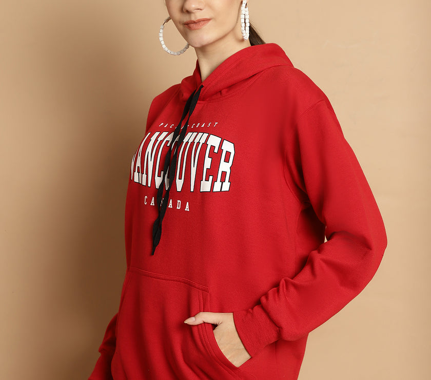 Vimal Jonney Maroon Printed Hooded Cotton Fleece Sweatshirt for Women