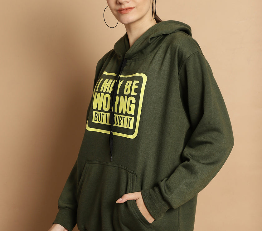 Vimal Jonney Olive Printed Hooded Cotton Fleece Sweatshirt for Women
