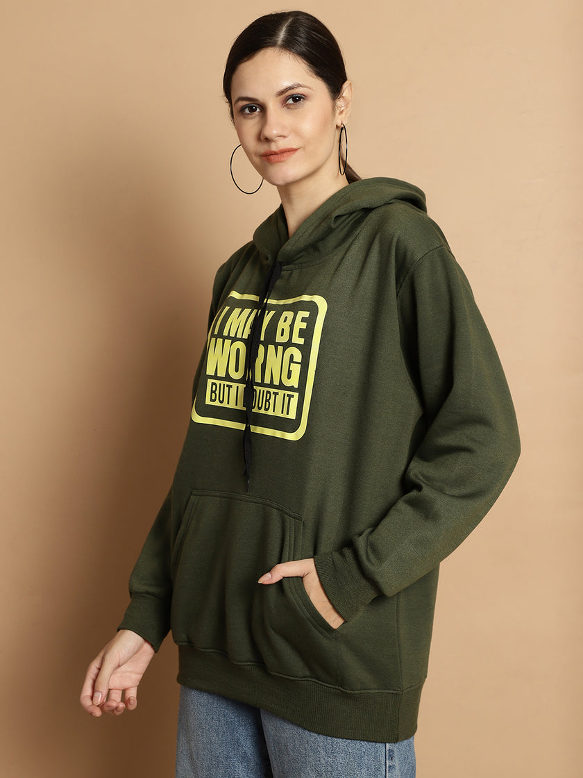 Vimal Jonney Olive Printed Hooded Cotton Fleece Sweatshirt for Women
