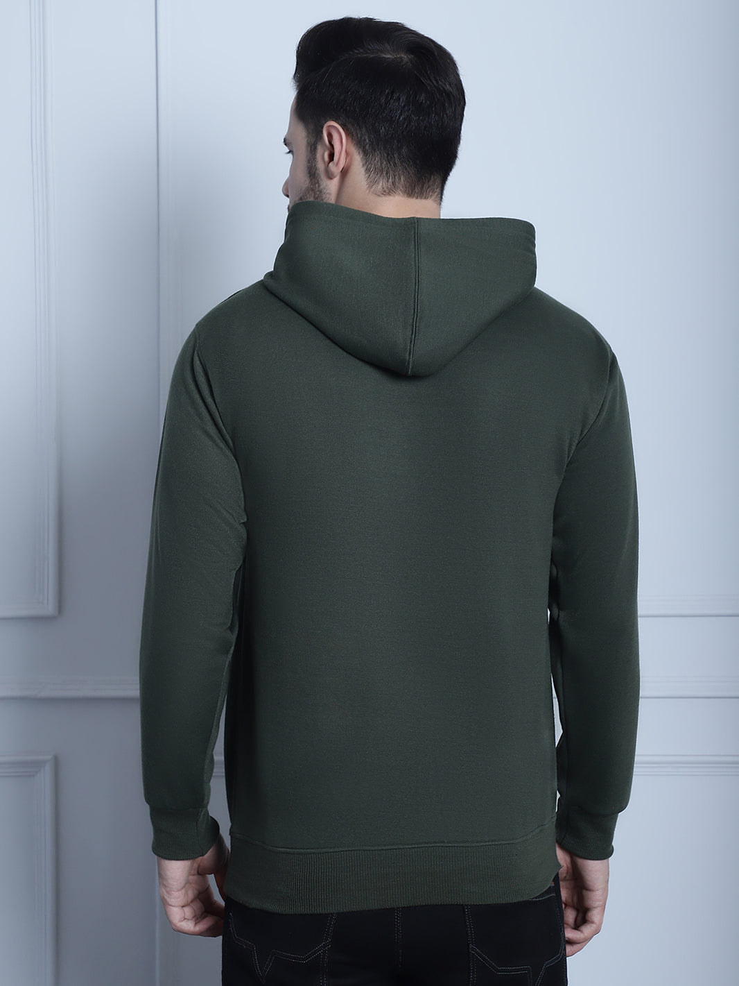 Vimal Jonney Olive Printed Hooded Cotton Fleece Sweatshirt for Men
