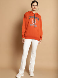 Vimal Jonney Rust Printed Hooded Cotton Fleece Sweatshirt for Women