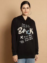 Vimal Jonney Black Printed Hooded Cotton Fleece Sweatshirt for Women