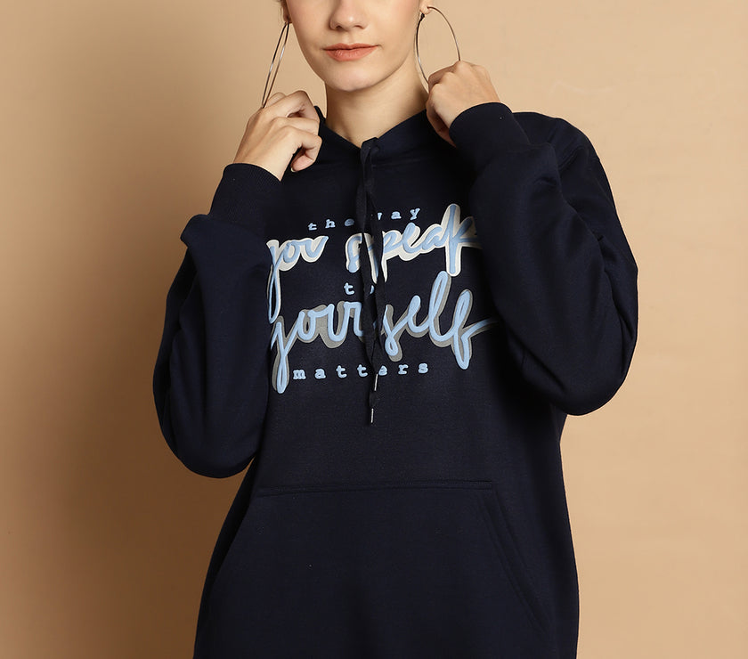 Vimal Jonney Navy Blue Printed Hooded Cotton Fleece Sweatshirt for Women