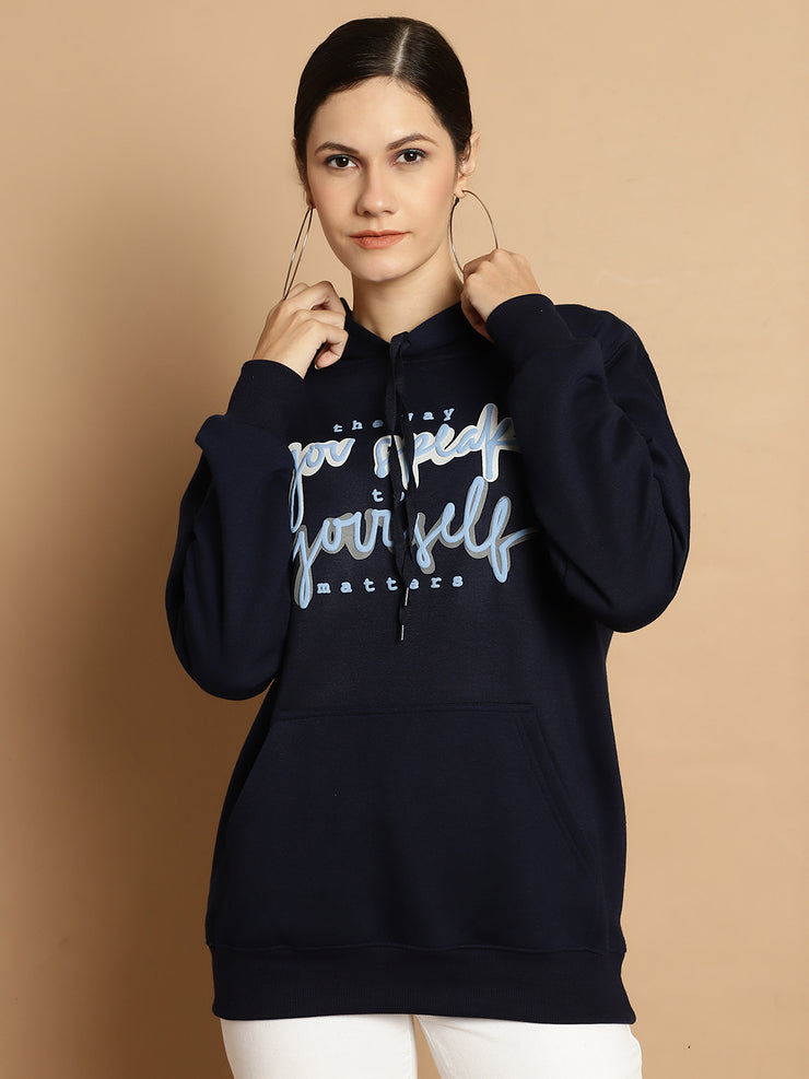 Vimal Jonney Navy Blue Printed Hooded Cotton Fleece Sweatshirt for Women