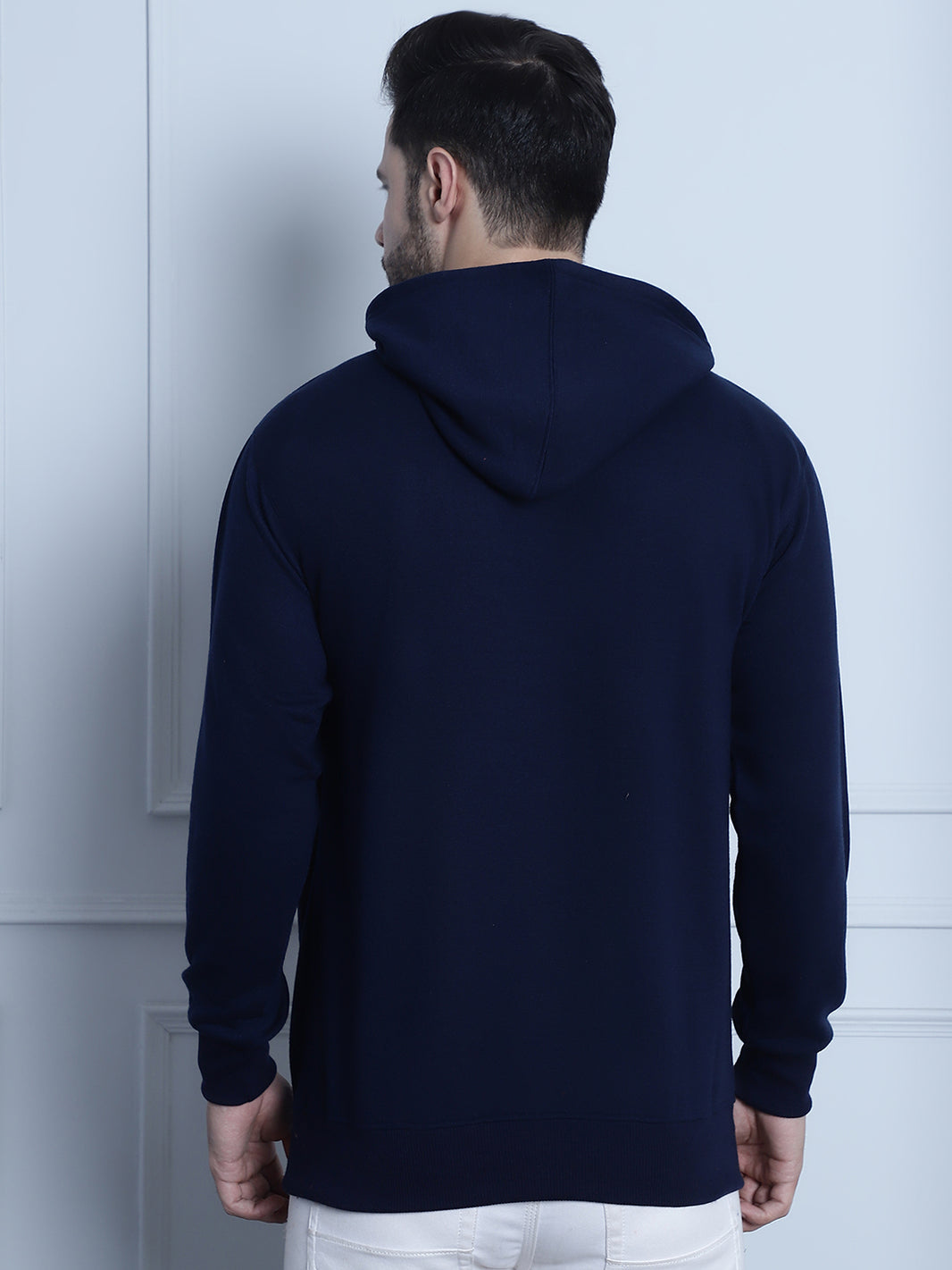 Vimal Jonney Navy Blue Printed Hooded Cotton Fleece Sweatshirt for Men